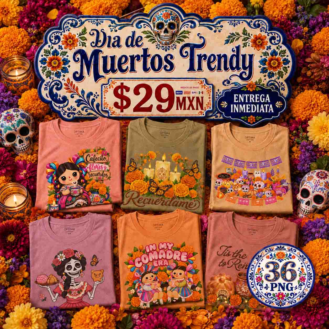 Día de Muertos Trendy – 36 Diseños PNG para DTF y Sublimación
