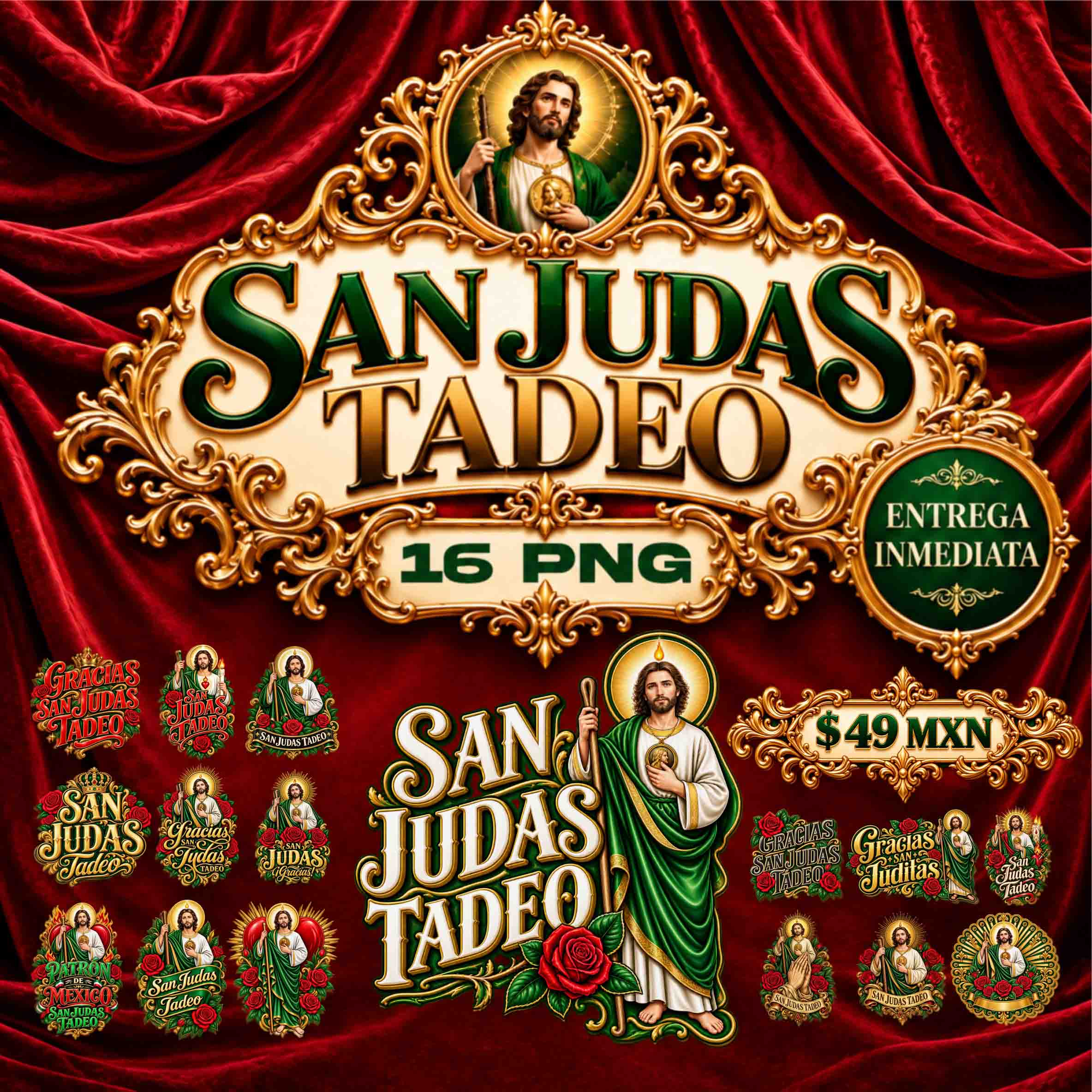 San Juditas Rosas – 16 Diseños PNG para DTF y Sublimación