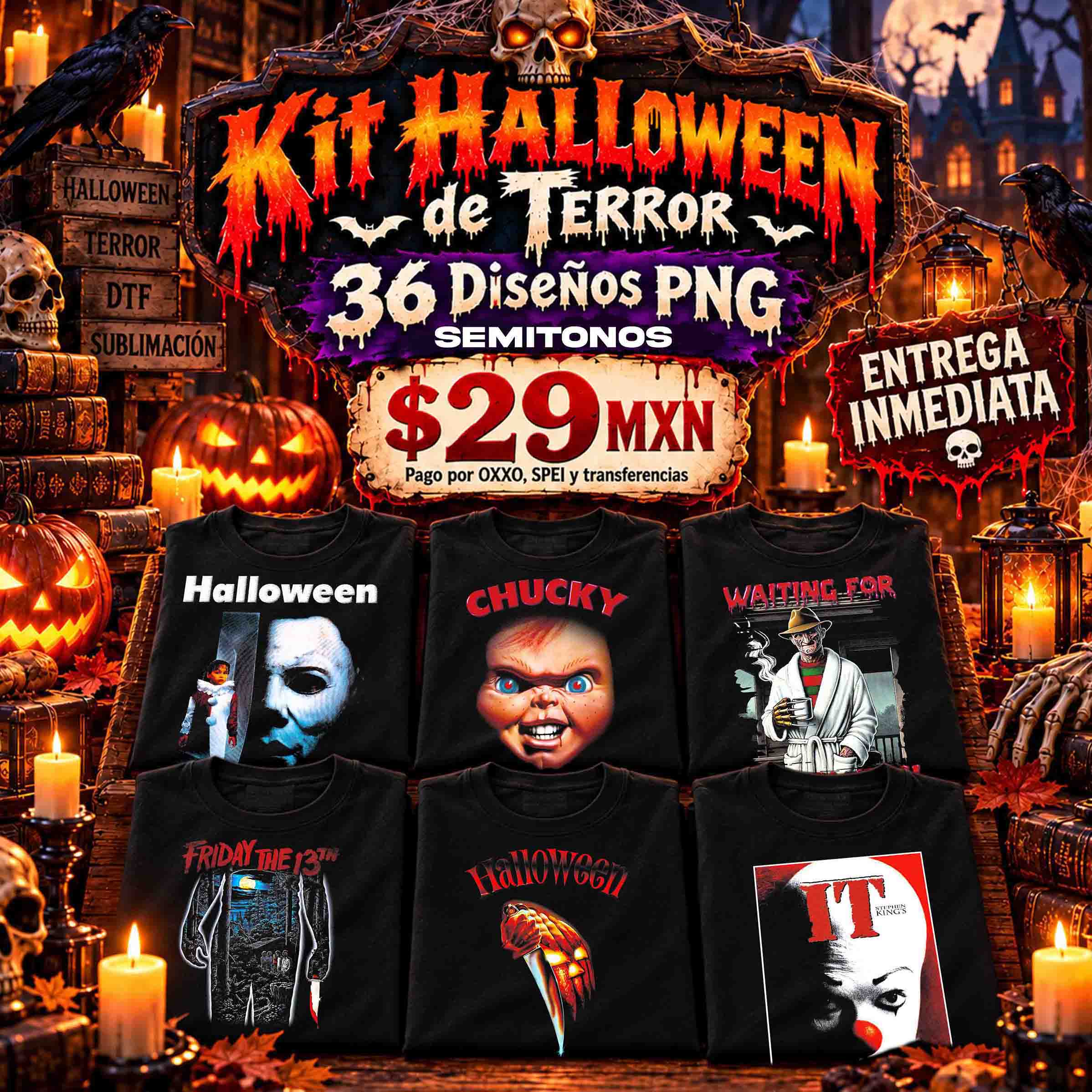 Kit Halloween de Terror – 36 Diseños PNG para DTF SEMITONOS