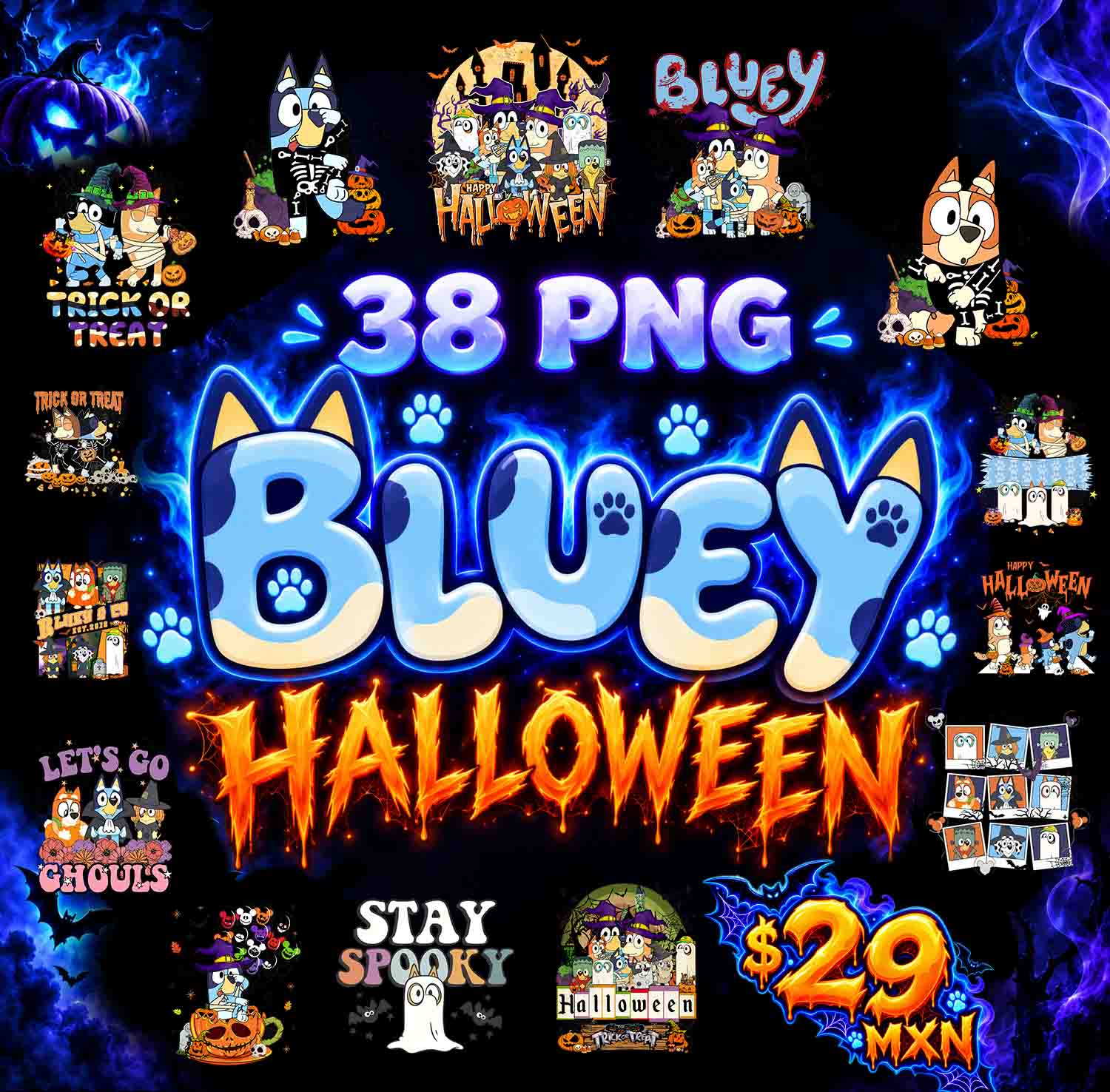 Bluey Halloween – 38 Diseños PNG para DTF y Sublimación