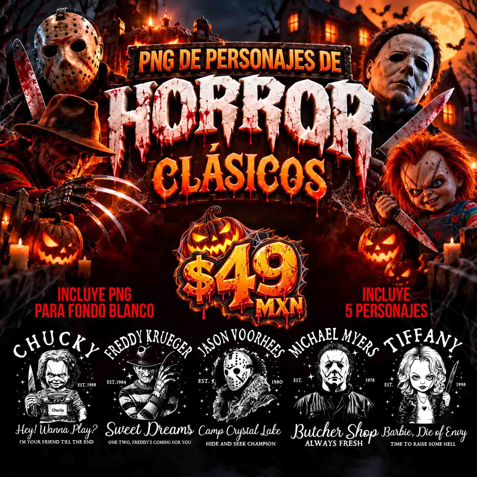 Personajes de Horror Clásicos – 5 Diseños PNG para DTF y Sublimación